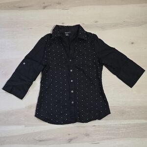 Tracy ML Black Collared 100% Linen 3/4 Sleeve Roll Tab Blouse Women Size Small